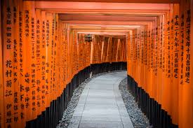 Tunnel of red torii gates at Fushimi Inari Taisha shrine, Kyoto, Japan