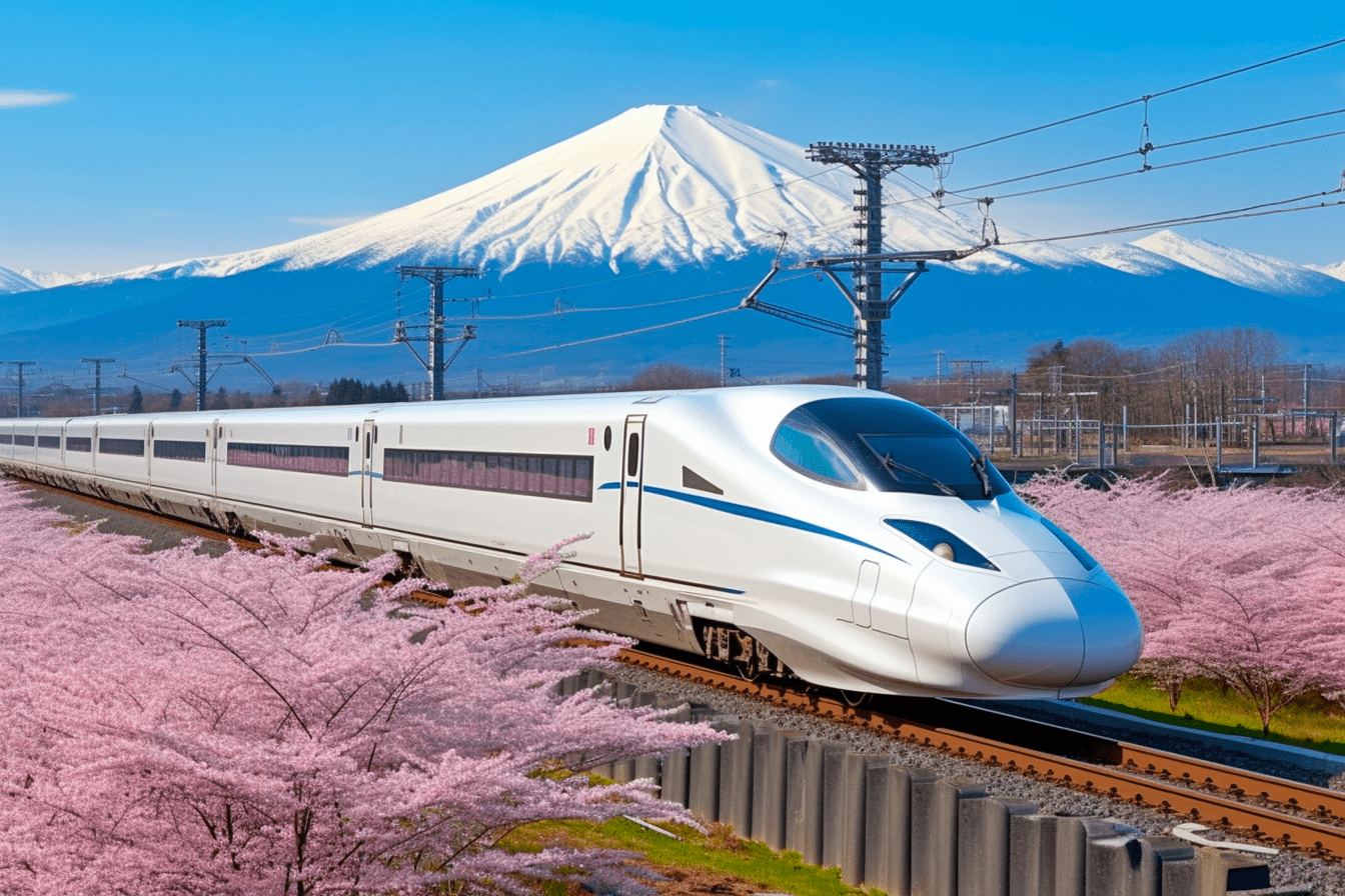 Shinkansen bullet train and cherry blossoms with snow-capped Mount Fuji behind