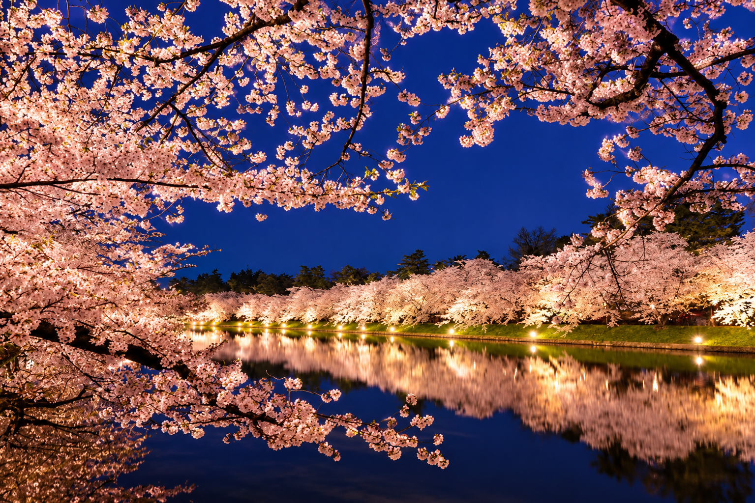 Cherry blossoms illuminated at night along a riverbank in Japan